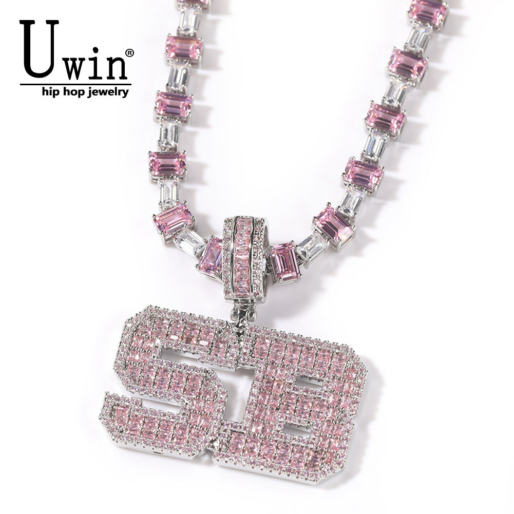 1.jpg Pink Baguette Letter Name Necklace with Heart Tennis Chain – detail 2