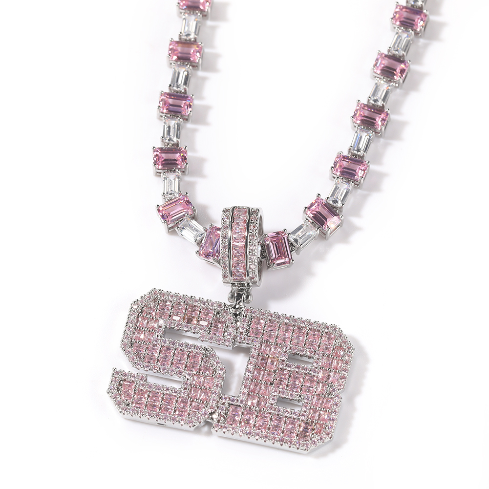 3C6A5242.jpg Pink Baguette Letter Name Necklace with Heart Tennis Chain – detail 6