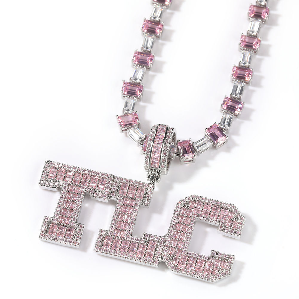 3C6A5243.jpg Pink Baguette Letter Name Necklace with Heart Tennis Chain – detail 7