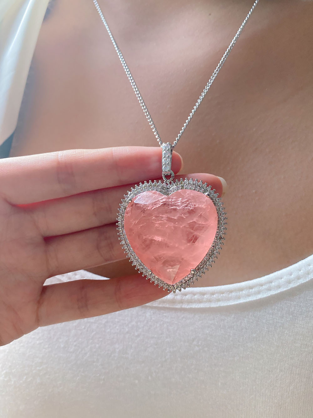 Pink Heart Pendant Necklace – Large 32 mm Created Stone – detail 4