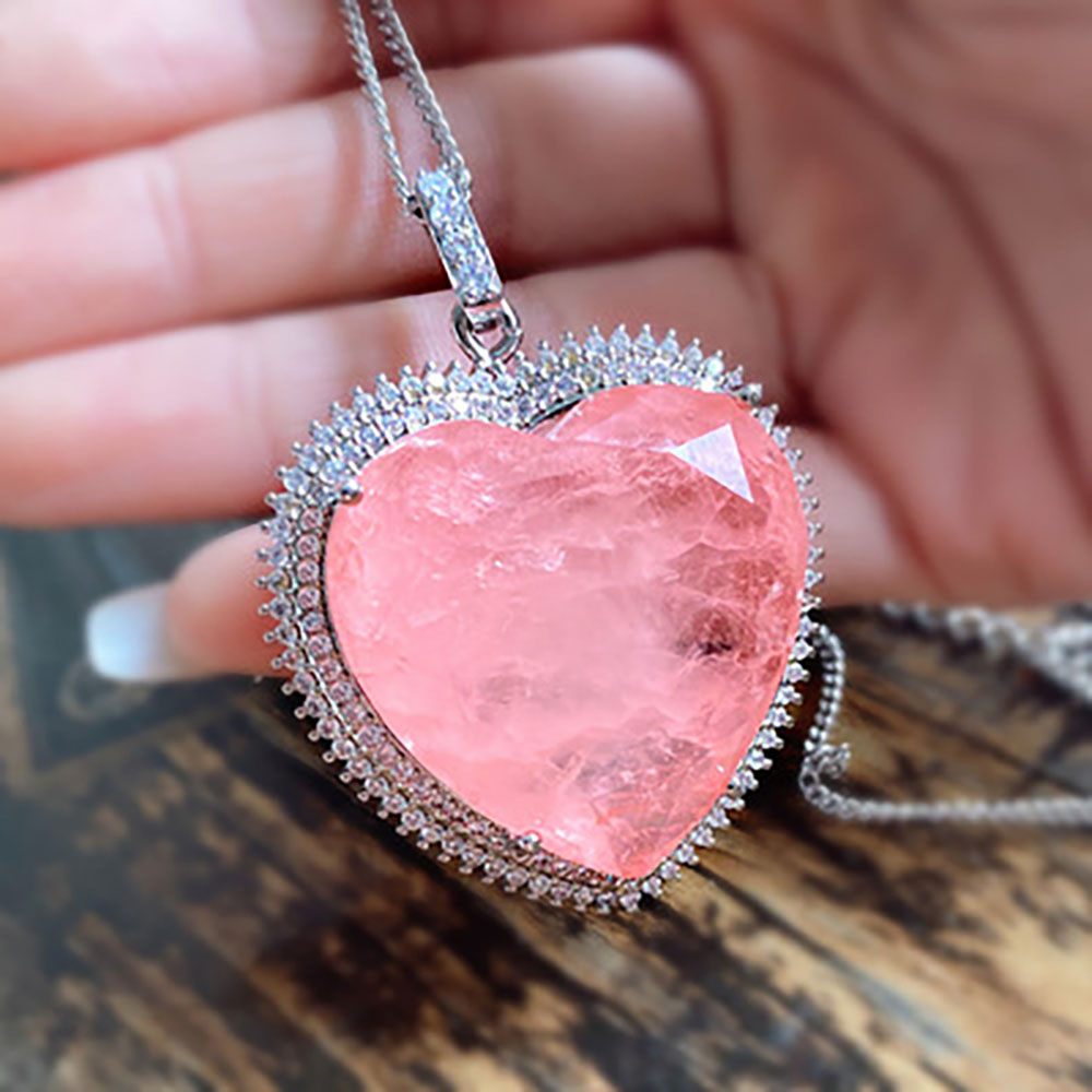 Pink Heart Pendant Necklace – Large 32 mm Created Stone – detail 1