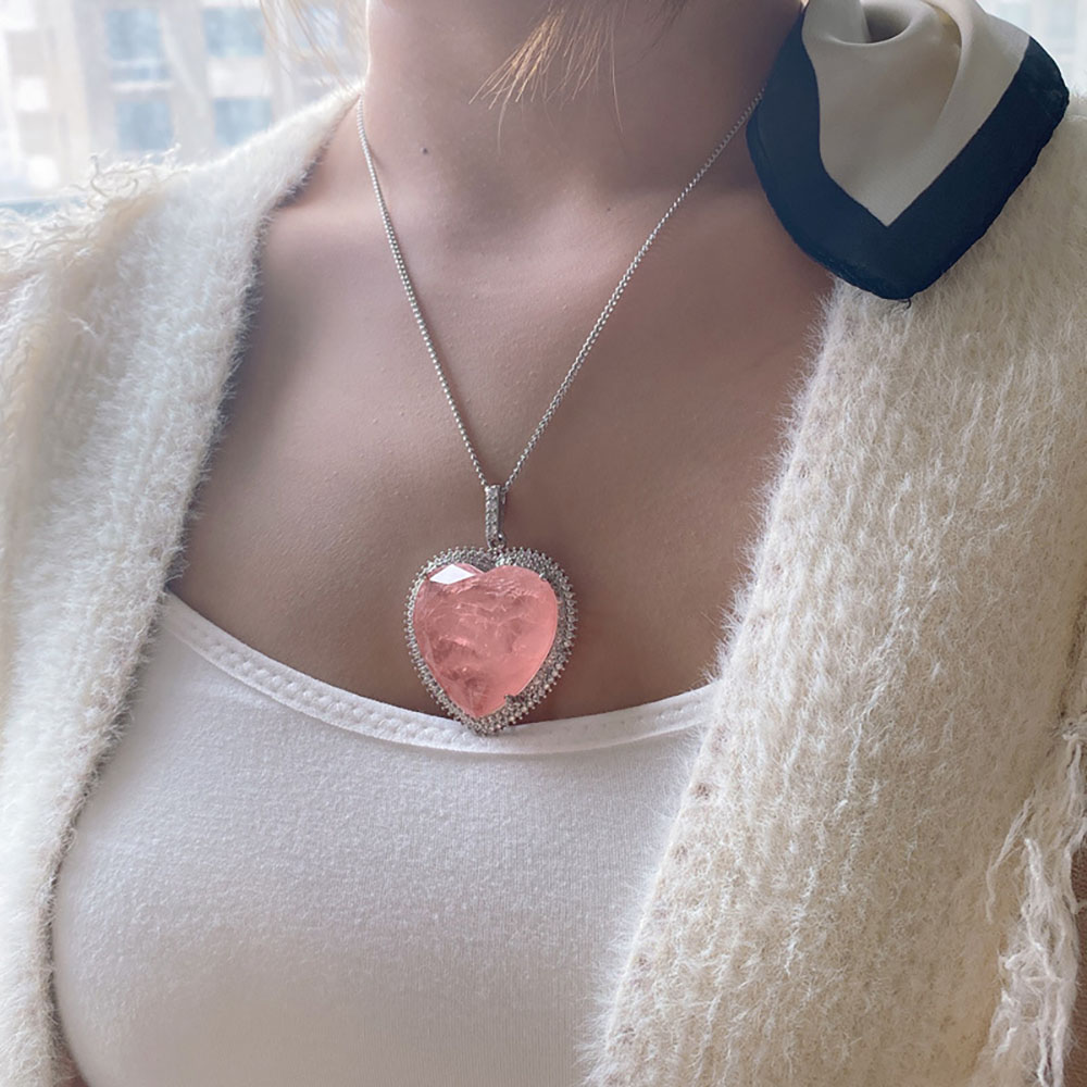 Pink Heart Pendant Necklace – Large 32 mm Created Stone – detail 5