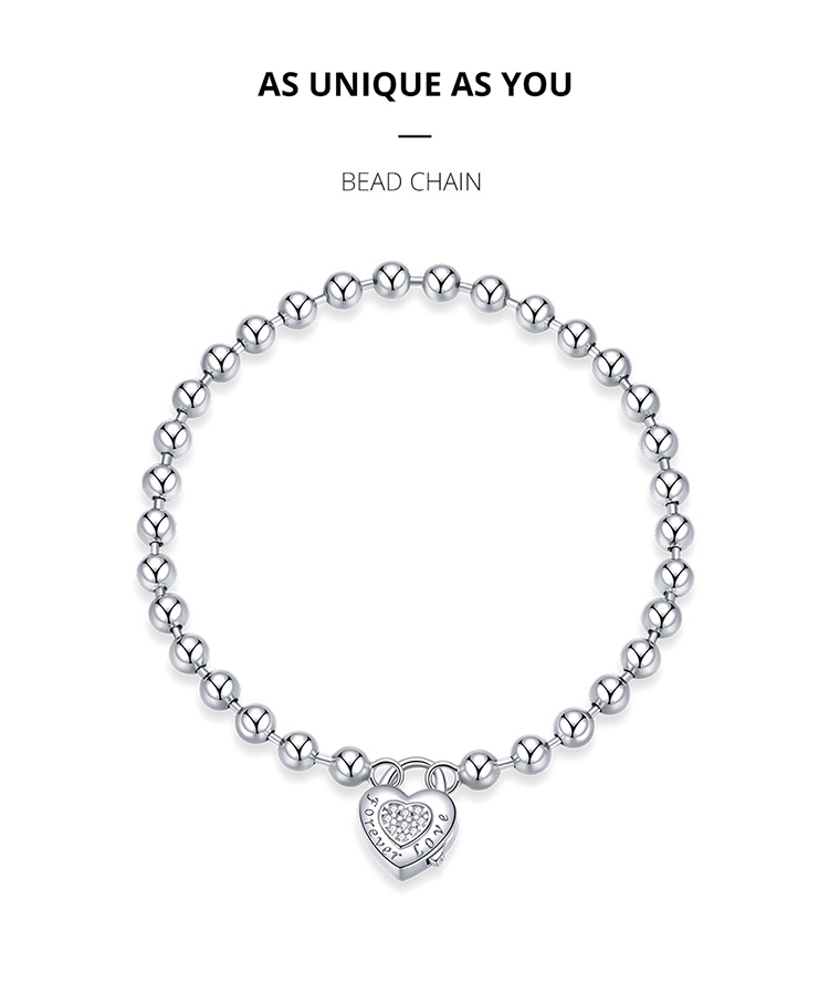 925 Sterling Silver Bead Chain Love Lock Bracelet – detail 2