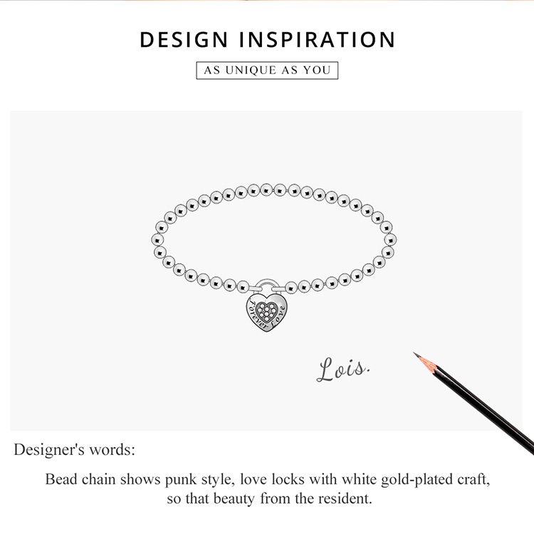 925 Sterling Silver Bead Chain Love Lock Bracelet – detail 4