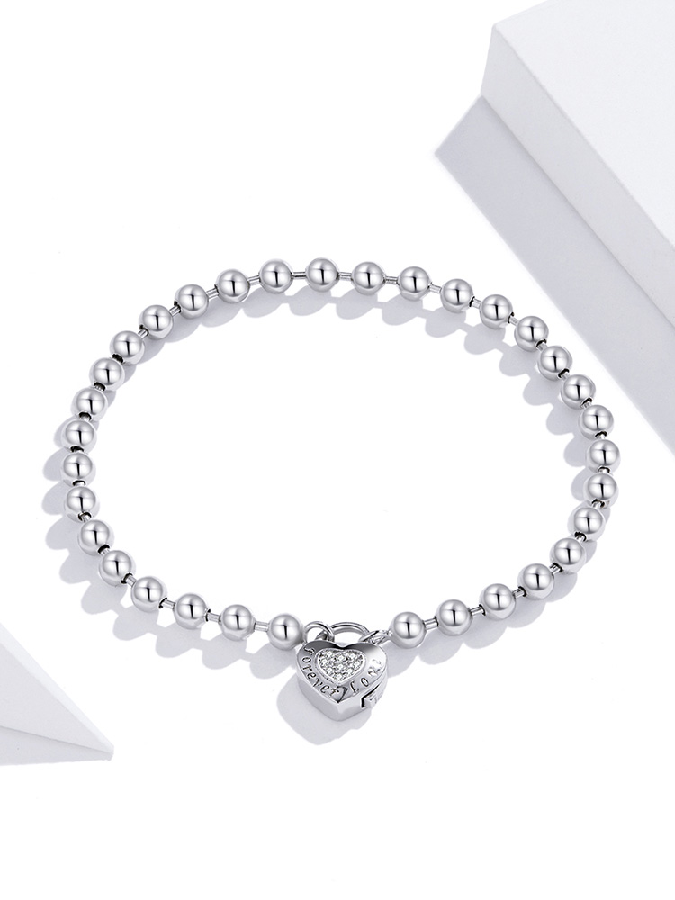 925 Sterling Silver Bead Chain Love Lock Bracelet – detail 1