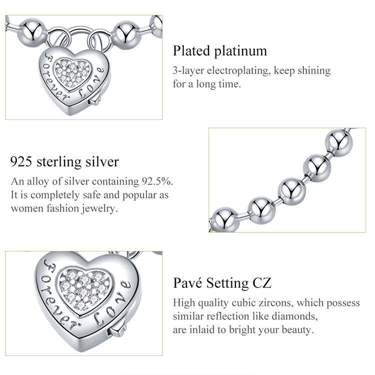 925 Sterling Silver Bead Chain Love Lock Bracelet – detail 9