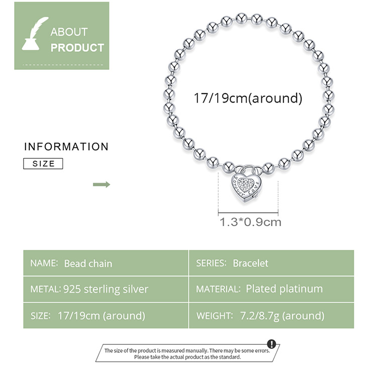 925 Sterling Silver Bead Chain Love Lock Bracelet – detail 8