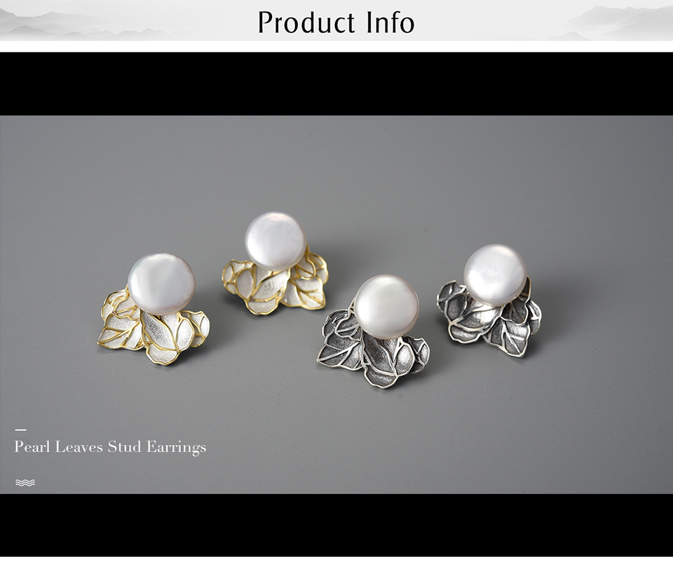 Baroque Pearl Leaf Stud Earrings – 925 Sterling Silver – detail 1