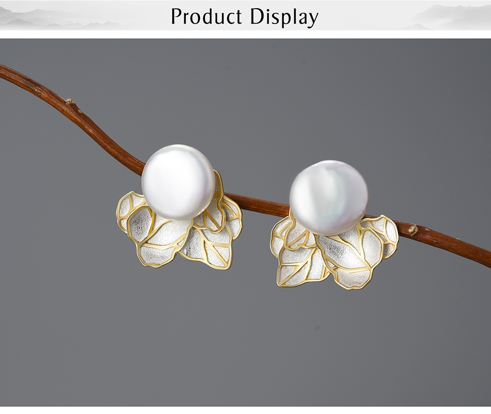 Baroque Pearl Leaf Stud Earrings – 925 Sterling Silver – detail 2