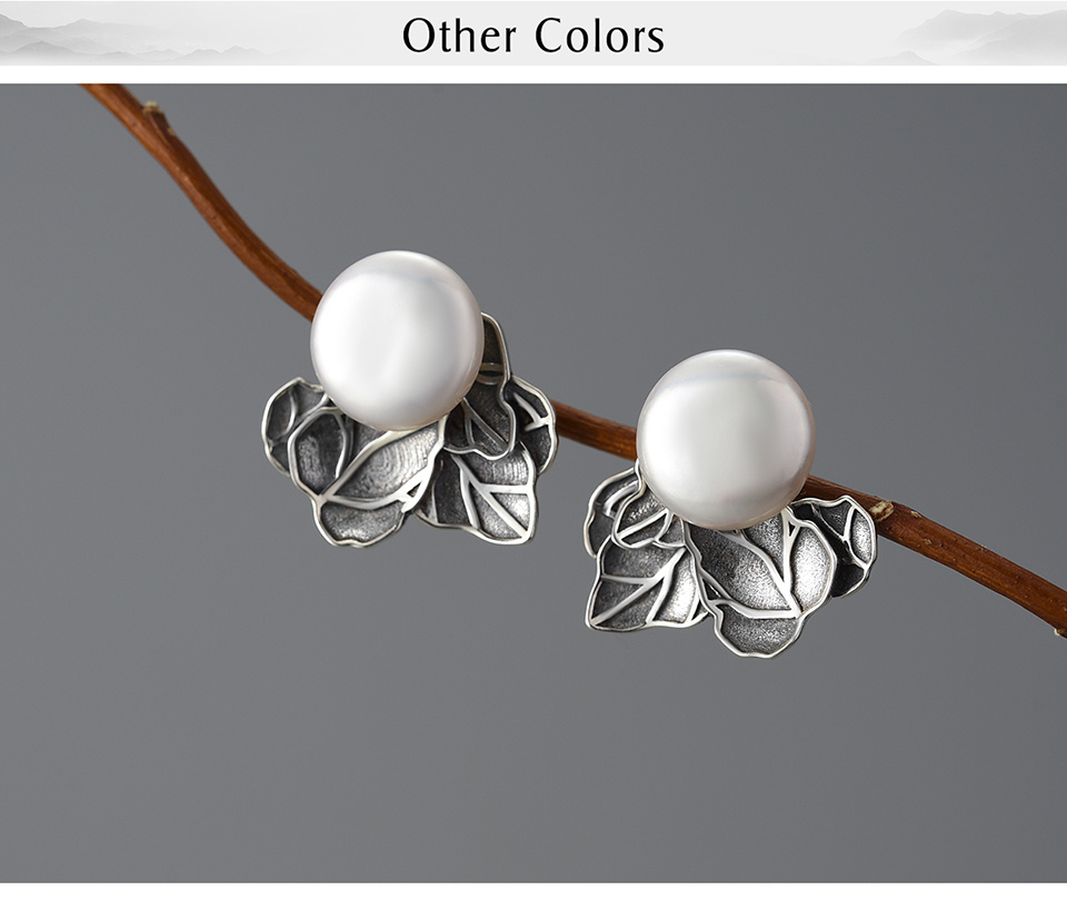 Baroque Pearl Leaf Stud Earrings – 925 Sterling Silver – detail 7
