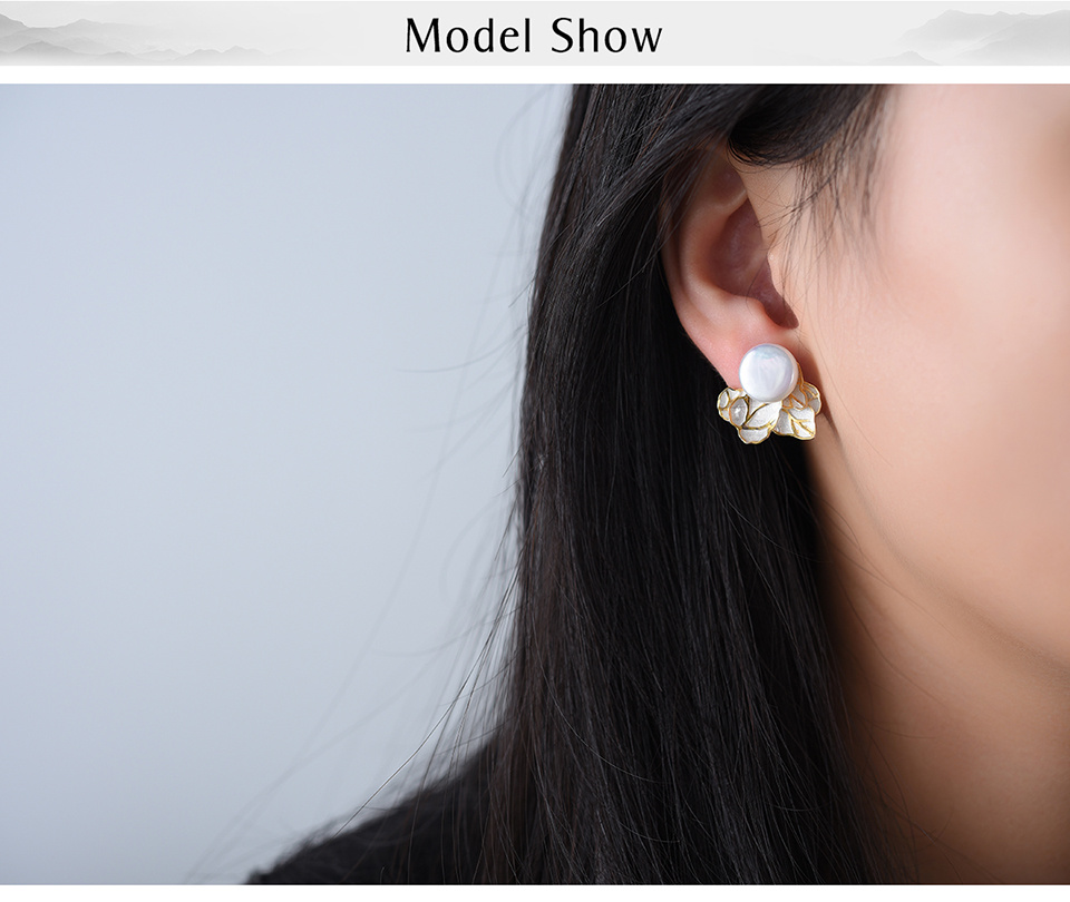 Baroque Pearl Leaf Stud Earrings – 925 Sterling Silver – detail 9