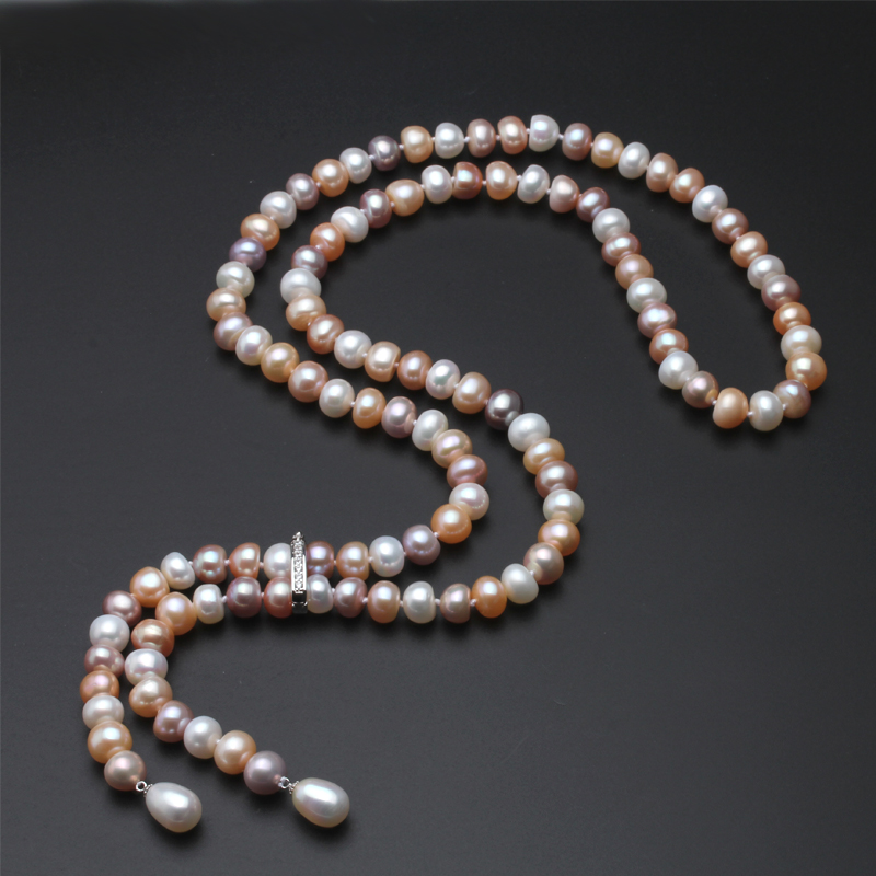 Long Freshwater Pearl Necklace – 9–10 mm, White or Multicolour – detail 7