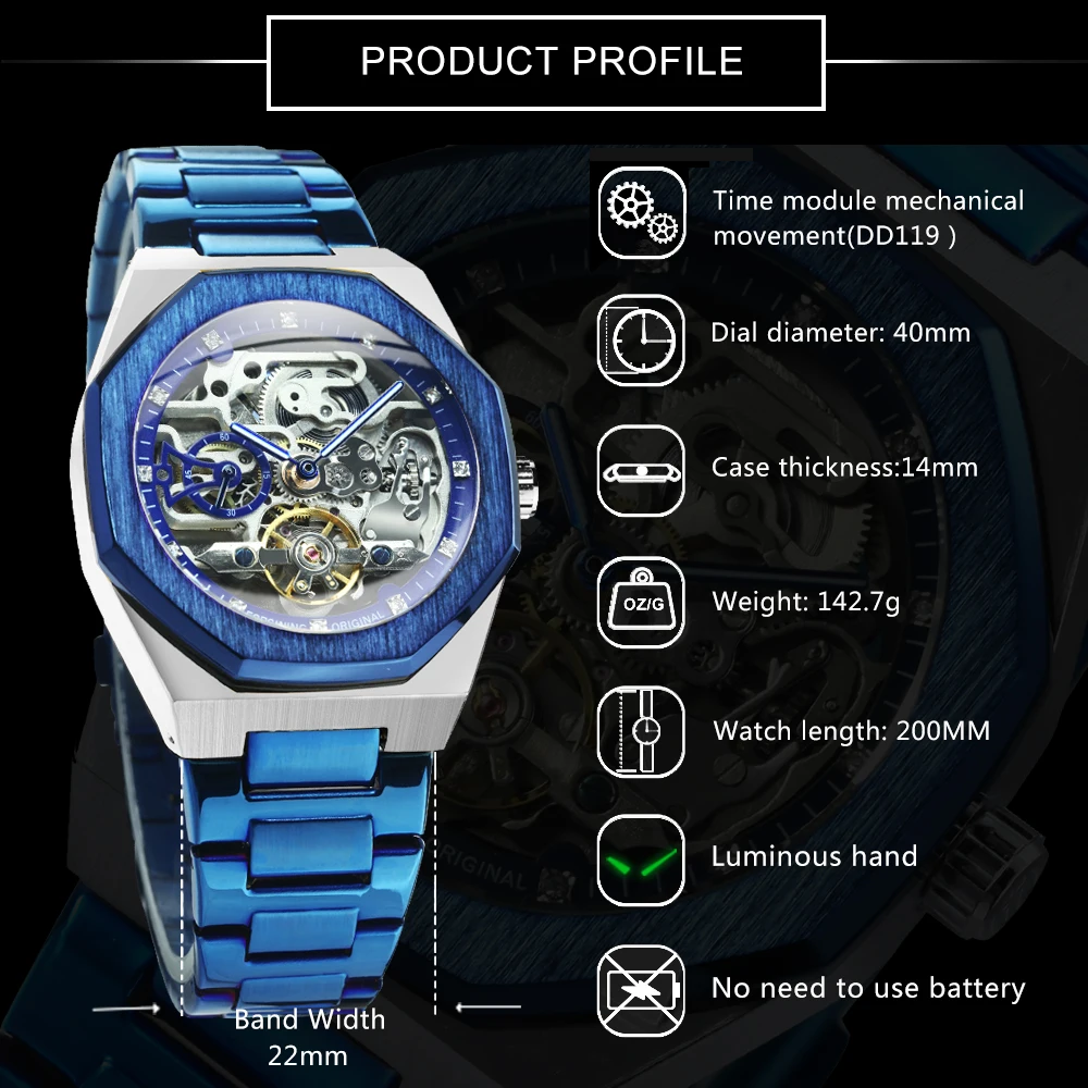 Forsining Skeleton Automatic Watch – Steel Strap – detail 2