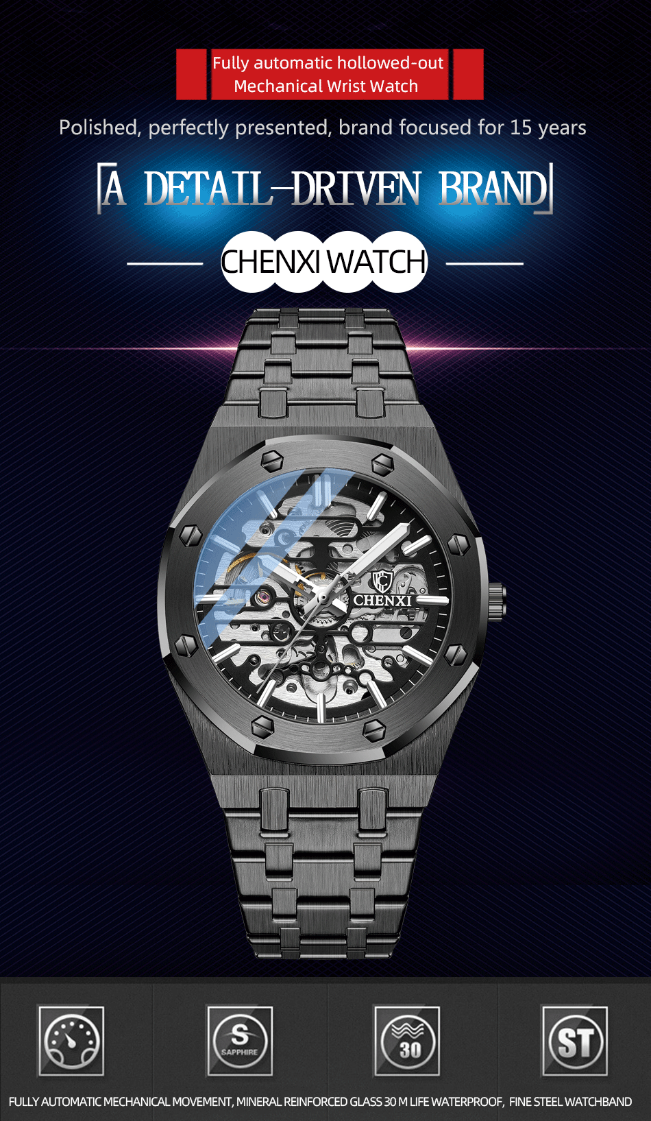 CHENXI Open-Heart Automatic Watch – Steel – detail 1