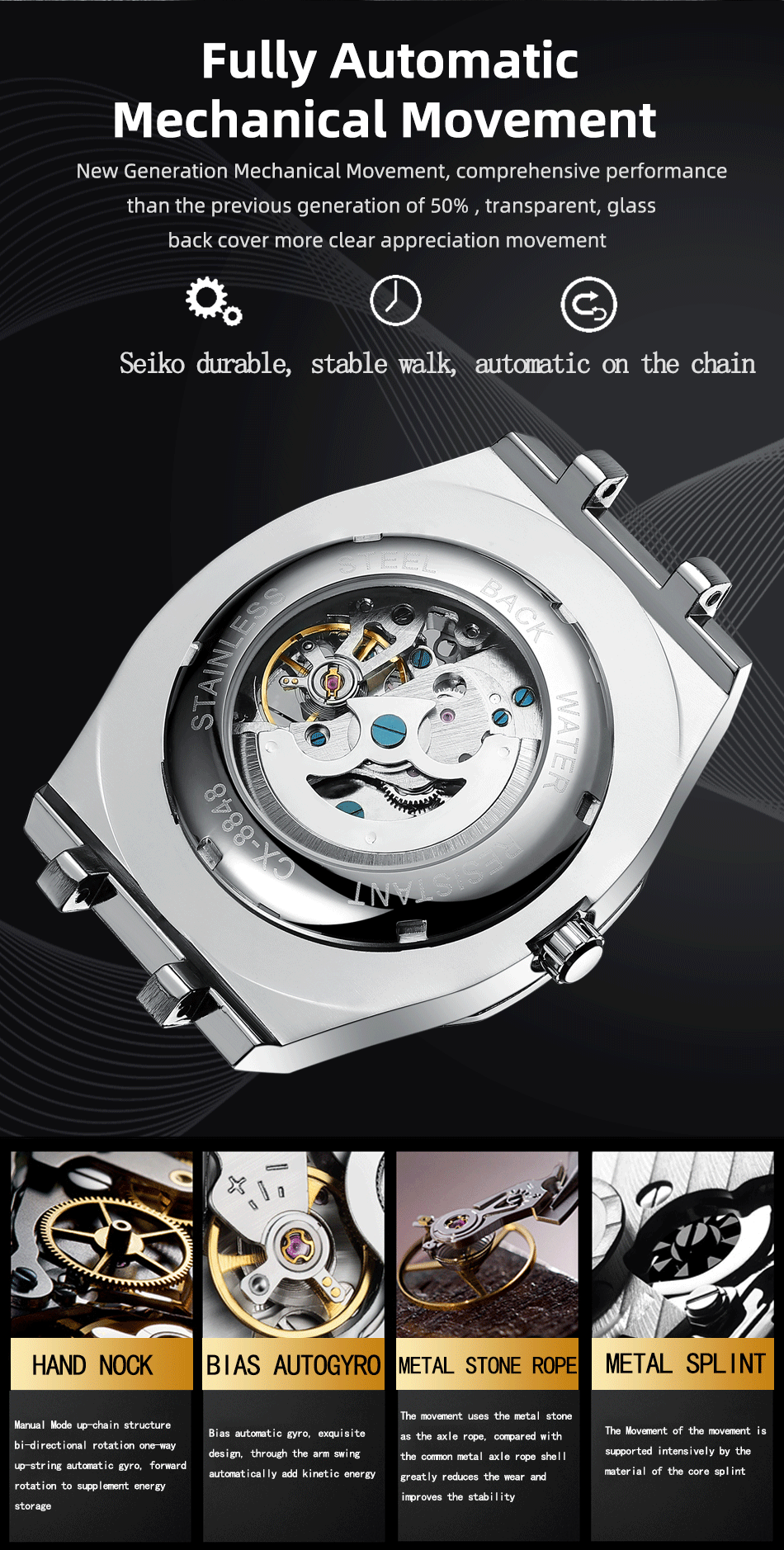 CHENXI Open-Heart Automatic Watch – Steel – detail 8