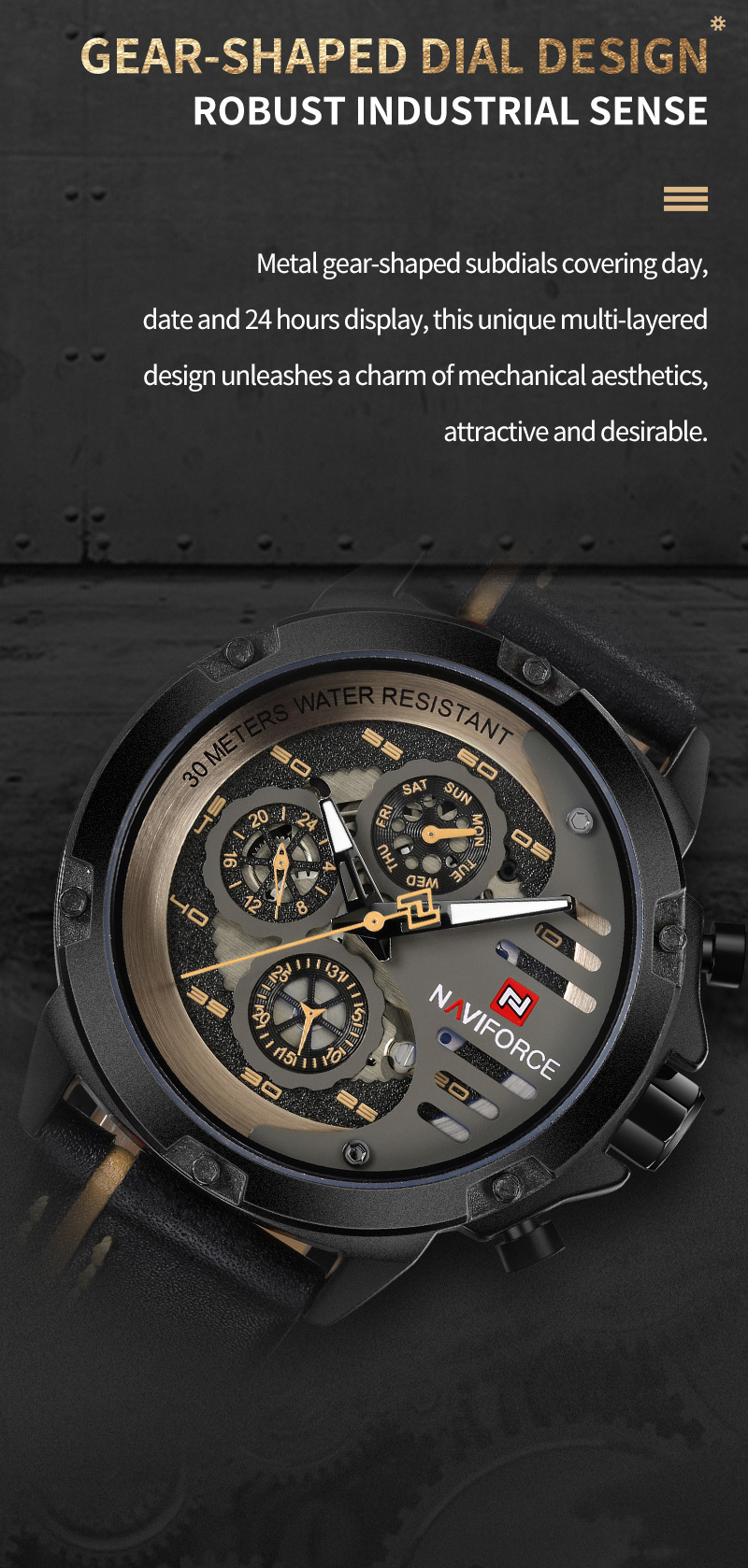 Men's Military Leather Watch – Date, Week, 24 Hour – detail 8