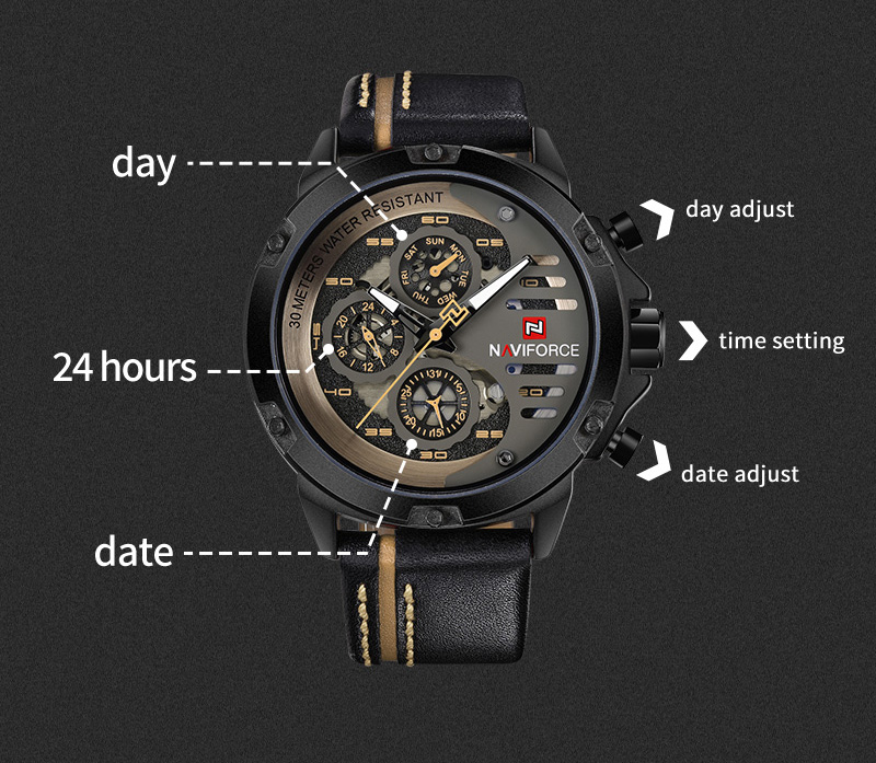 Men's Military Leather Watch – Date, Week, 24 Hour – detail 3
