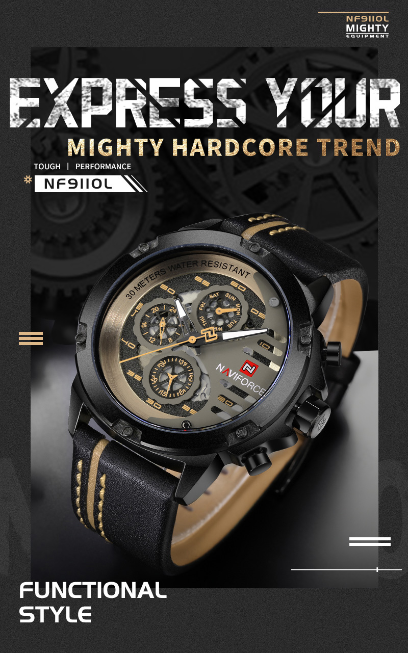 Men's Military Leather Watch – Date, Week, 24 Hour – detail 1