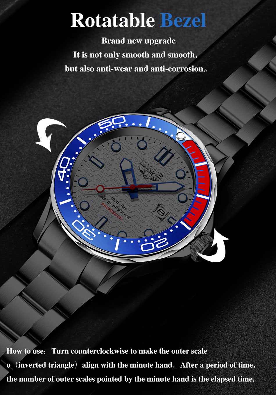 LIGE Men's Silicone Business Watch with Date – Luminous – detail 23