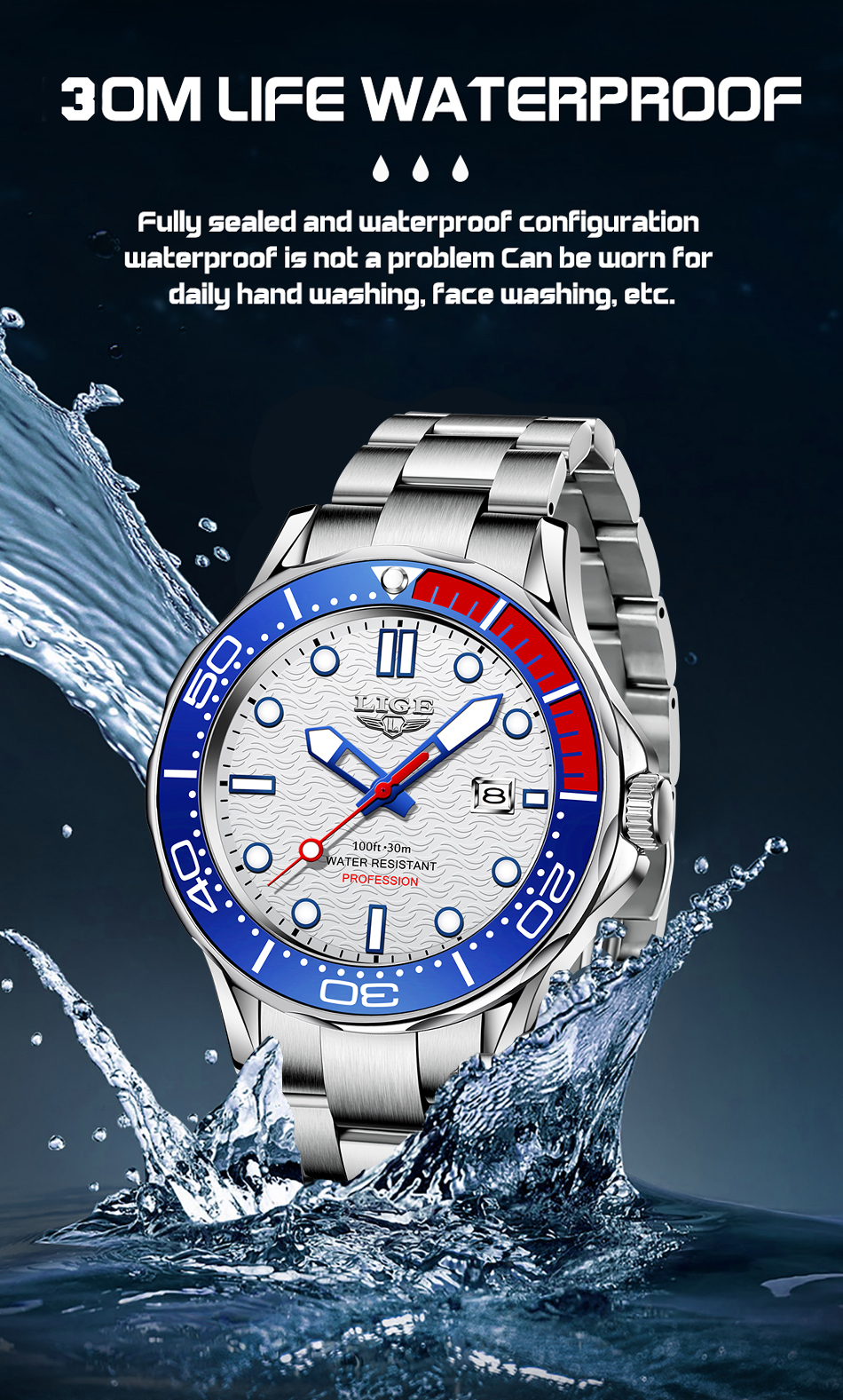 LIGE Men's Silicone Business Watch with Date – Luminous – detail 21