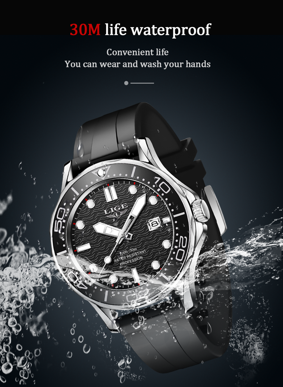 LIGE Men's Silicone Business Watch with Date – Luminous – detail 5