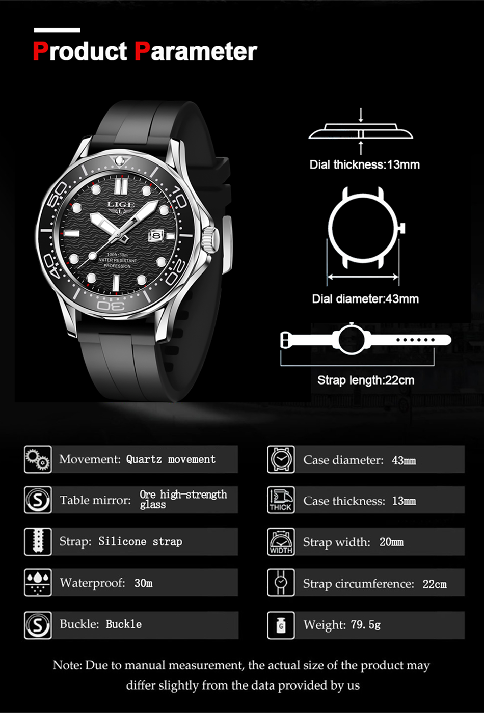 LIGE Men's Silicone Business Watch with Date – Luminous – detail 3