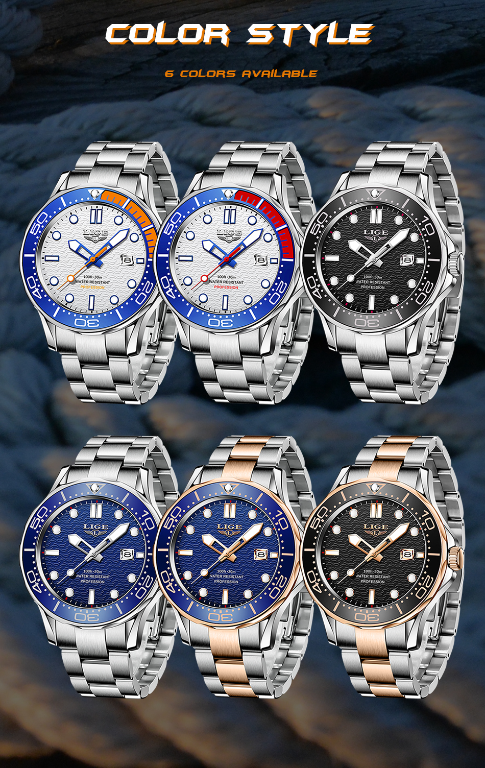 LIGE Men's Silicone Business Watch with Date – Luminous – detail 28