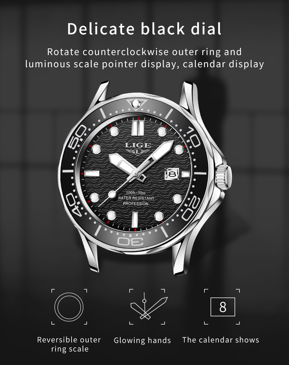 LIGE Men's Silicone Business Watch with Date – Luminous – detail 6