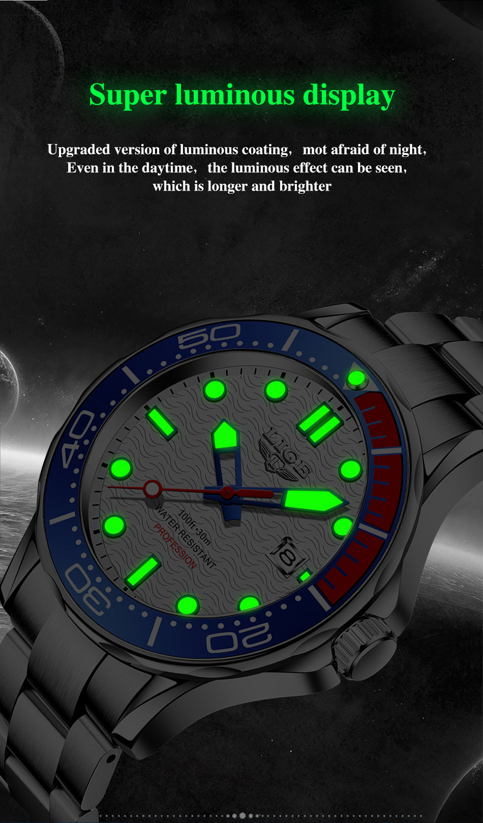LIGE Men's Silicone Business Watch with Date – Luminous – detail 20