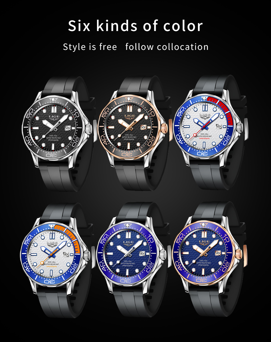 LIGE Men's Silicone Business Watch with Date – Luminous – detail 9