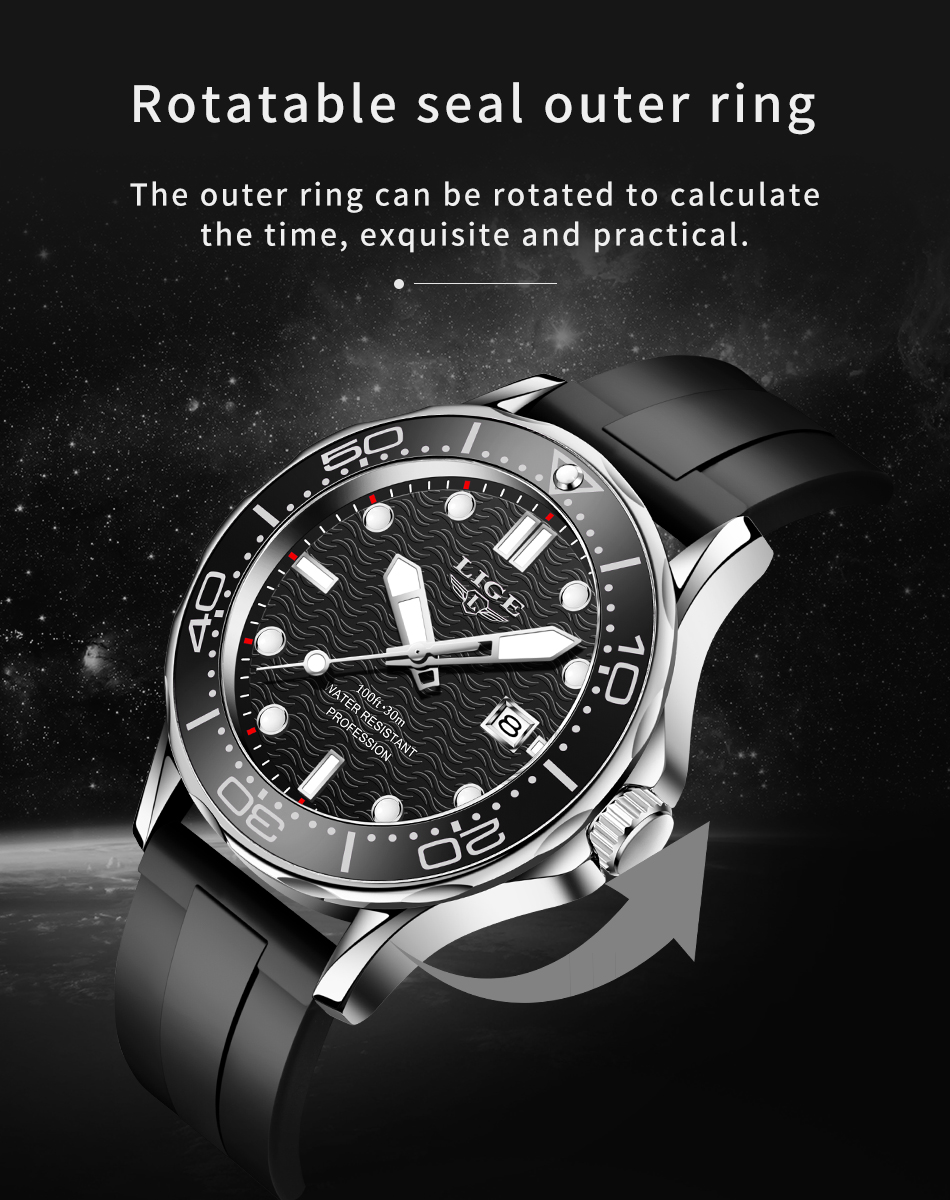 LIGE Men's Silicone Business Watch with Date – Luminous – detail 7