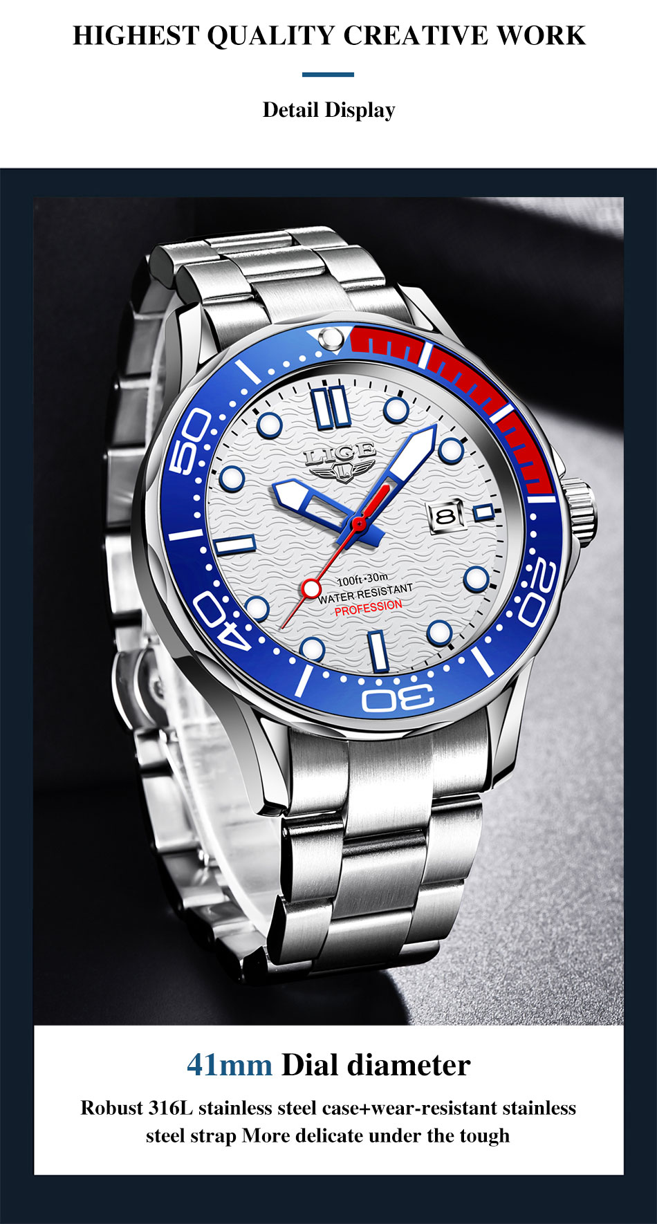 LIGE Men's Silicone Business Watch with Date – Luminous – detail 19