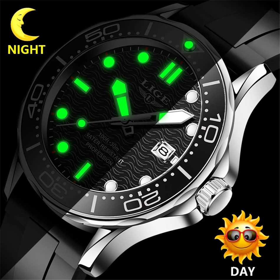 LIGE Men's Silicone Business Watch with Date – Luminous – detail 4