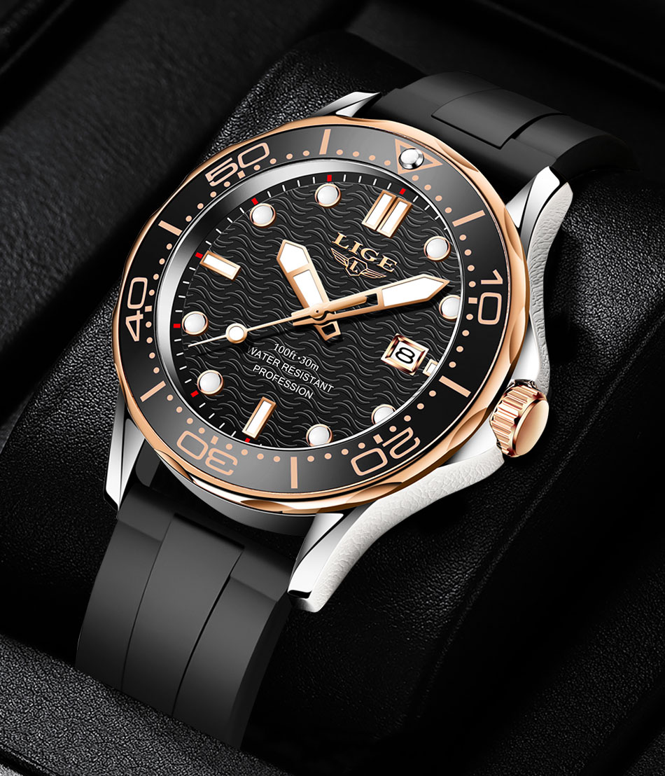 LIGE Men's Silicone Business Watch with Date – Luminous – detail 13